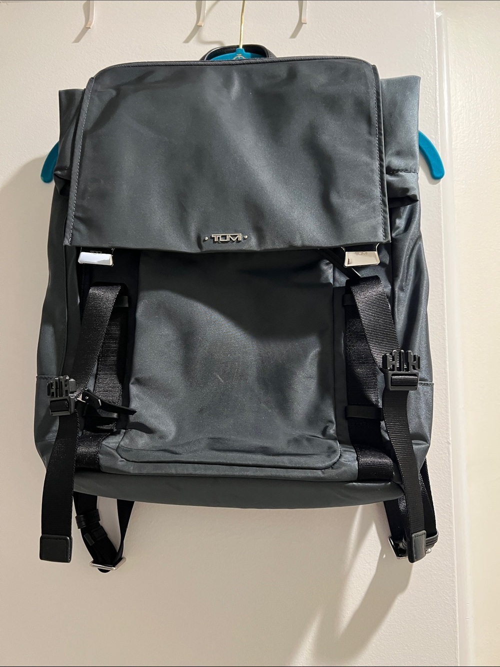 Tumi Black Nylon Flap-Top Backpack with Silver Hardware